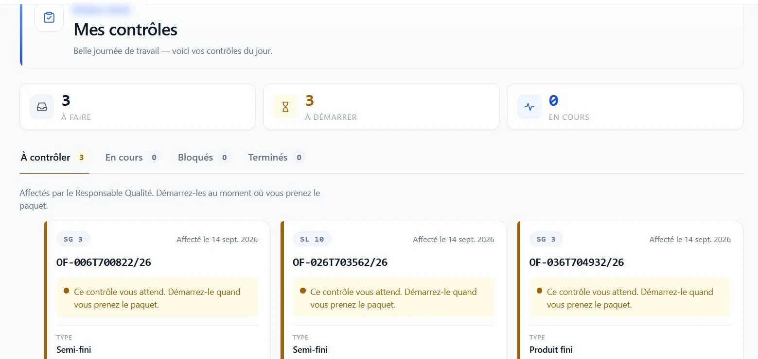 My inspections screen in the Qualité En Cours application